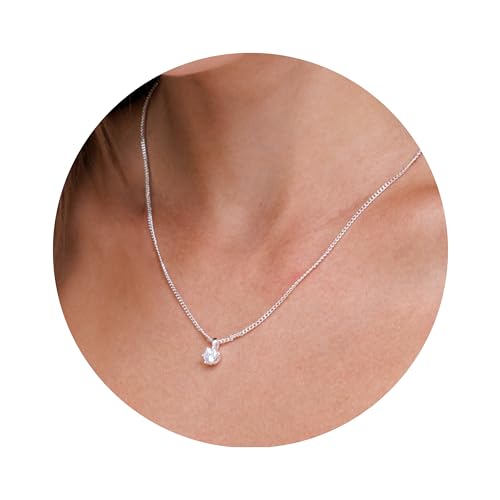 Galis Dainty Necklace - 16.5' Choker Necklace Cubic Zirconia Round Cut Floating CZ Diamond Pendant, Silver Plated Trendy Simple Necklace for Women, Link Chain Necklace For Women with Lobster Clasp