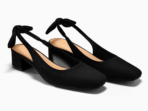 Image of Coutgo Womens Chunky Low Heels Bow Slingback Pumps Closed Square Toe Wedding Party Dress Shoes