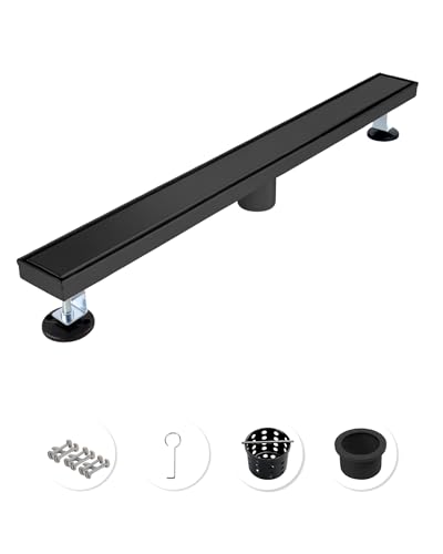 Image of 36 Inch Matte Black Linear Shower Drain | CUPC Certified 2-in-1 Tile Insert for Curbless Showers. 304 Steel, 15.8GPM Flow. Includes Hair Catcher & Adjustable Feet.