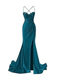 Clothfun Spaghetti Strap Sweetheart Lace Applique Satin Long Prom Dresses Teal Mermaid Formal Evening Gowns with Slit Teal Size 12