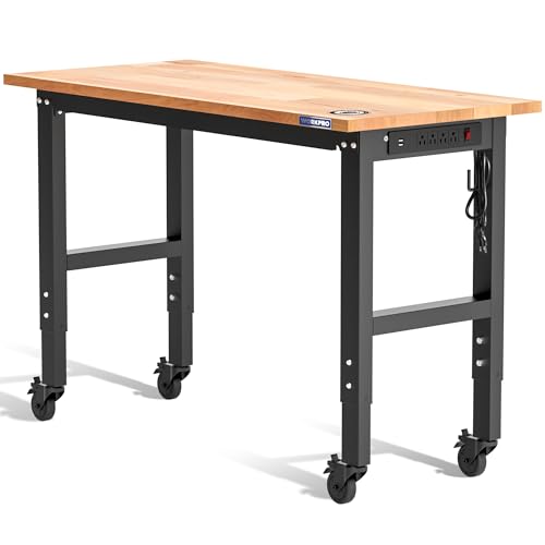 WORKPRO Garage Workbench, 48"X22" Adjustable Workbench with Wheels, Rubber Wood Top Heavy-Duty Workstation with Power Outlets, 1000 LBS Stationary Load Capacity, for Workshop, Garage 48"x22"