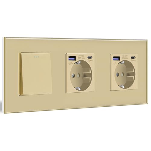 BSEED Interruptor de Pared con Doble Enchufe USB 20W 1 Gang Vías Conmutador+Schuko con Cargador Rápido