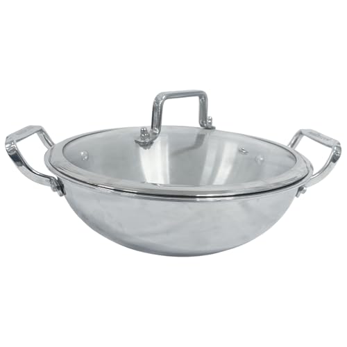 Reldor 28cm Triply Stainless Steel Wok with Lid (Kadhai), Induction Friendly Cooking Pot, Durable Cookware, Deep Frying Pan, Oven Safe up to 300°C, Dishwasher Safe, Ergonomic Handles