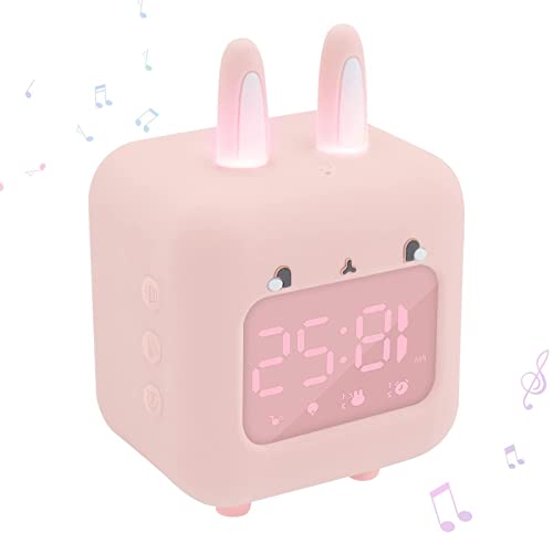 目覚まし時計 子供 デジタル目覚まし時計 ウサギ時計 可愛い ミュート LED 出勤日アラーム 2セットアラーム 音声時報 SDカード入れ可能 カウントダウン 温度表示 定時常夜灯 睡眠メロディー USB給電 (ピンク)