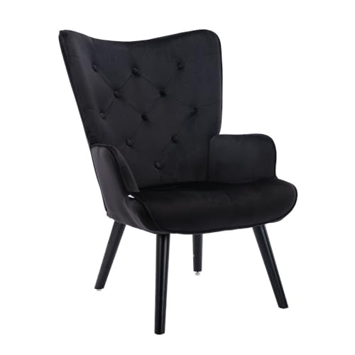 Image of Velvet Wingback Accent Chair for Living Room | Luxury High Back Tufted Armchair with Glossy Metal Legs | Modern Velvet Upholstered Lounge Chair for Home & Office | 1 Pc (Black)