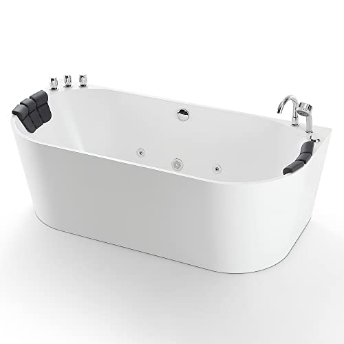 Empava 59-Inch Freestanding Whirlpool Bathtub Oval With 8 Hydromassage Adjustable Water Jets Luxury Acrylic Massage Spa Soaking Bath Tub Double Ended , White #TOP19