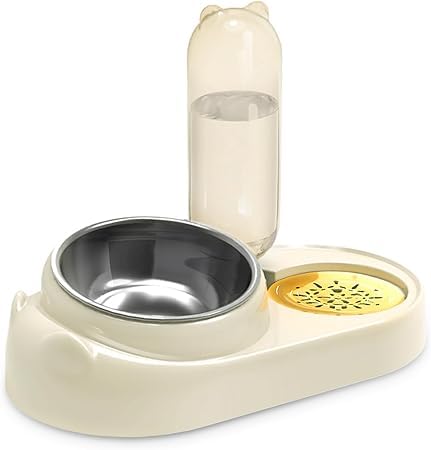 Wnicek 猫 餌入れ 自動給水機能付きペット用フードと水のセット 傾斜がある 15度 頸椎を保護す猫食器 るねこ給食 猫 皿 水飲み皿 吐き戻し防止 食べやすい すべり止め 取り外し式 洗いやすい 猫食器洗濯機で洗える 小型犬と子猫向け ベージュ