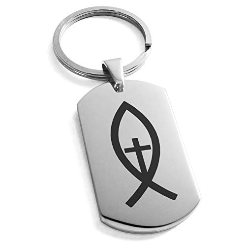 Stainless Steel Vertical Ichthus Cross Fish Symbol Dog Tag Keychain Keyring