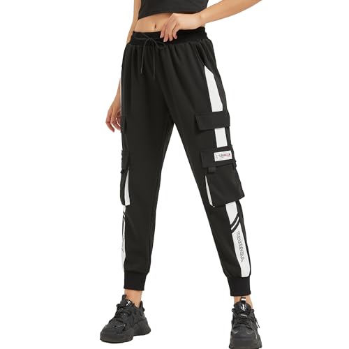 MEINVQIAOTI Black Cargo Pants for Women Straight Hip-hop and Thin Casual Techwear Women Baggy Pants