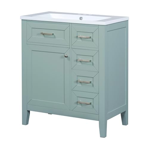 Image of Favfurish 30 inch Bathroom Vanity with Ceramic Sink,Undermount Single Basin Bath Vanity Set w /Soft-Close Door and 3 Drawers,Modern Freestanding Storage Cabinet,Solid Wood Frame,Green