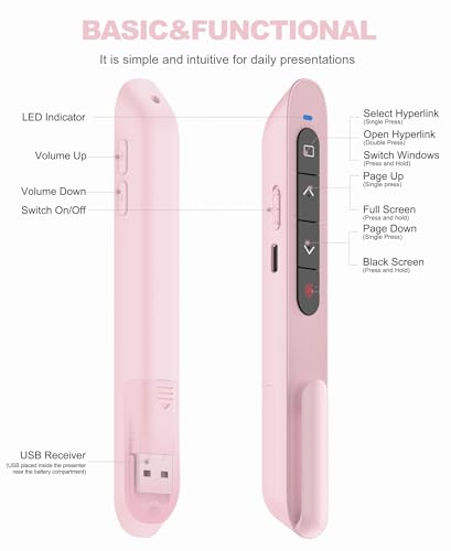 Image of 2-in-1 USB-A & USB-C Presentation Remote - Pink Wireless PowerPoint Clicker with Red Light, Volume Control & Hyperlink - Plug & Play Slide Advancer for Laptop, PC, Mac
