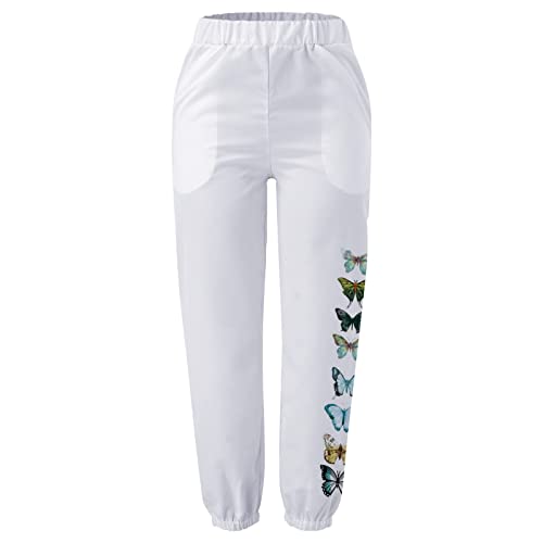 Mifyiar Comfy Baggy Women With Pockets Pants Cotton Straight Casual Long Print Women Pants High Women's Pants Casual Trouser White #TOP2