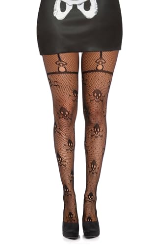 Simply Joshimo Womens Black Fishnet Patterned Halloween Gothic Tights - Skull and Crossbones Pattern