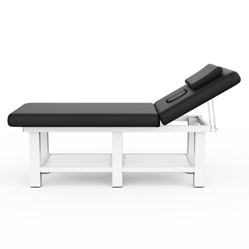pouseayar Black Wide Stationary Massage Table with Backrest for Treatment Table Physical Therapy Table Spa Facial Bed, Metal Frame PU Leather 31.5'' Wide 75'' Long - Segmented Structure