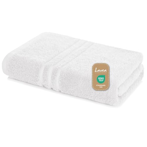 Lavea® Saunatuch 80×200 cm, Saunahandtuch, Sauna-Handtücher Damen und Herren, 100% Baumwolle Frottier, saugstark, strapazierfähig, pflegeleicht 60°C, Frottierserie Elena, XXL Badetuch, Weiß