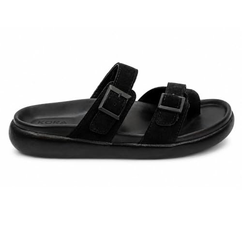 Image of KORA Black Suede Slide Sandals with Double Buckle Straps - KS-HY-01
