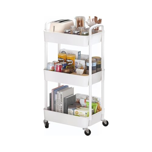 Opiniones de Carrito Organizador Con Ruedas los más solicitados. 45 JISHOP Carrito de Plástico de 3 Niveles con asa, Carrito de Almacenamiento Multifuncional para Oficina Cocina Organizador de Almacenamiento Cuatro Ruedas Giro 360 Grados (Blanco)