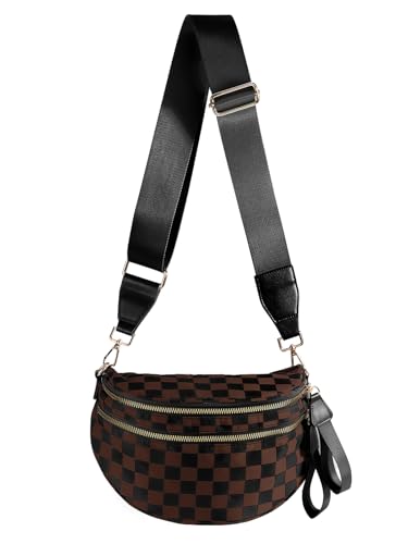 Black and White Checkered Crossbody Bag Bum Bag for Women,Spacious Checkered Purse Fanny Packs Belt Bag (Black-Brown Checkered)