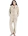 Kissonic Women's Onesies Pajamas Sherpa Fleece One Piece Romper Zipper Cute Hooded Jumpsuit Pajama Loungewear(Khaki-L)