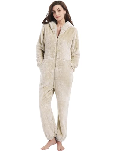 Kissonic Women's Onesies Pajamas Sherpa Fleece One Piece Romper Zipper Cute Hooded Jumpsuit Pajama Loungewear3