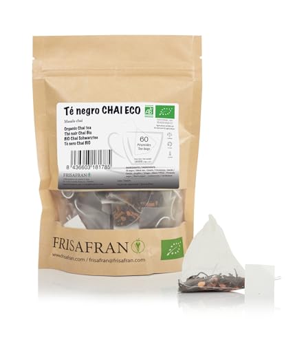 FRISAFRAN | Chai Schwarztee in Bio Pyramide 60Ein | 120g | schwarzer Chai Tee | Taschen | Antioxidans und natürlicher Energiespender | entkoffeinierter Tee | Entgiftung | ohne Zusatzstoffe | Gewürztee
