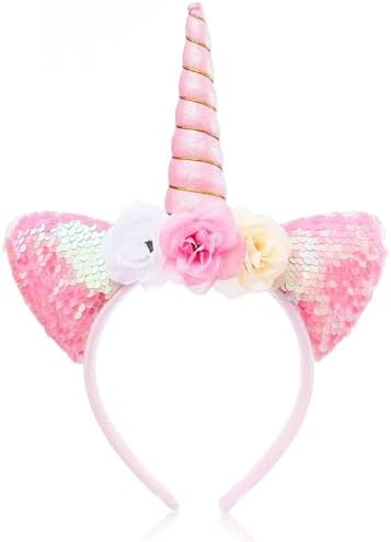 Unicorn Horn Headband with Glitter Ears Flowers Hair Hoop Sparkly...