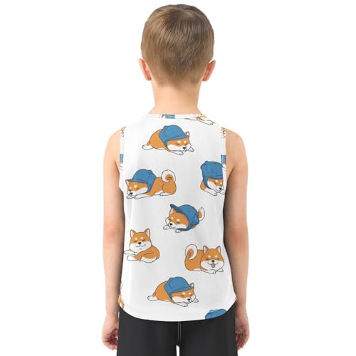 J JOYSAY Cartoon Shiba Dog White Boys Tank Top Sleeveless Muscle Shirts Quick Dry Sport Active Workout Kids T-Shirts 3-15T3