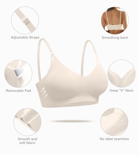 Image of DEANGELMON V Neck Bra Padded Seamless Adjustable Straps Bralettes Everyday Basic Sleeping Bras Multiple Pack