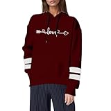 QJDFLL for Boyfriend Damen Casual Valentinstag Herz Print Hoodie Langarm Pullover Sweatshirt(Wein,S)