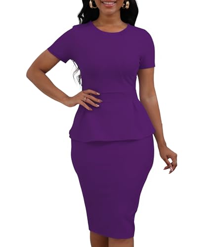 Image of PerZeal Women's Fashion Peplum Bodycon Short Sleeve Work Dresses Bow Club Ruffle Pencil Formal Cocktail Dress