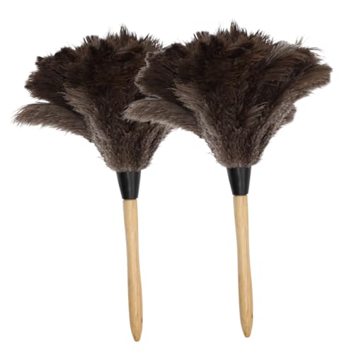 Image of Ostrich Feather Duster with Wooden Handle 14 inch - Natural Reusable Feather Duster for Cleaning, Furniture & Shelves, Blinds, Ceiling Fan, Dusting Tool for Home, Office, Delicate Surfaces - 2 Pack