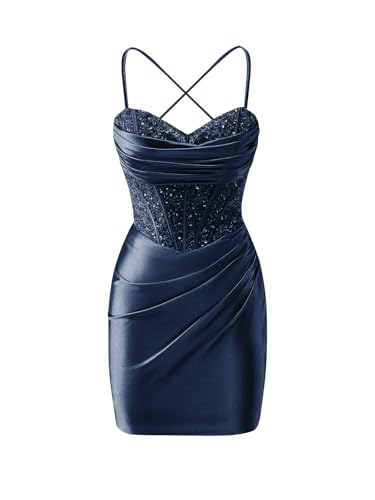 Womens's Short Satin Homecoming Dresses for Teens Spaghetti Straps Sequin Corset Prom Cocktail Party Gown
