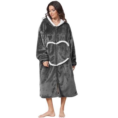 Image of Oversized Wearab Blanket Hoodie, Cozy Flannel Blanket with Sleeves and Zipper for Women, Mens, Teens