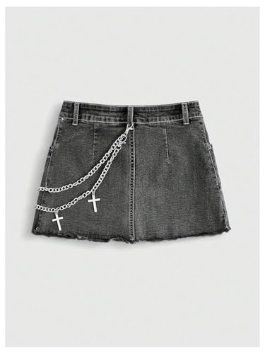 WDIRARA Women's Goth Letter Spiderweb Cross Print Denim Mini Skirt Grunge Punk Chain High Waisted Jean Skirts2