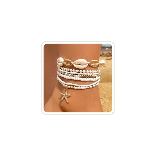 CharmBurst 7PCS Muschel-Fußkettchen, Strand-Fußschmuck, Boho-Stack-Stretch-Perlen,...