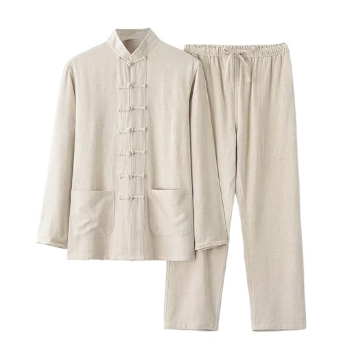 Chándal para hombre, casual, holgado, de algodón y lino, de manga larga, 2 piezas, ropa de vacaciones, ropa de descanso, para playa, vacaciones, entrenamiento, yoga, gimnasio, caqui, XL