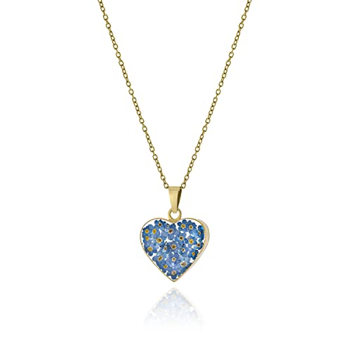 Amazon Collection 14K Gold Over Sterling Silver Blue Pressed Flower Heart Pendant Necklace, 16' #TOP19