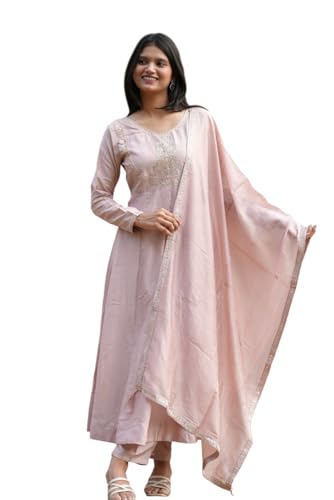 Image of MOKOSH Women's Silk Embroidery Anakrali Kurta Pant with Dupatta | Anarkali Kurta Set | Round Neck Full Sleeve Ethnic Suit | Floral Kurta 7 Colour Option Available | 3 Piece Outfit