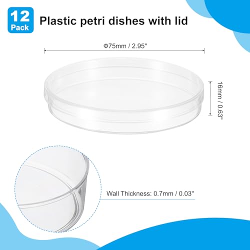 PATIKIL 75mm Plastic Petri Dishes with Lid, 12 Pcs Petri Plates Tissue Culture Plate for Lab Science Experiment, Clear - Thumbnail 2