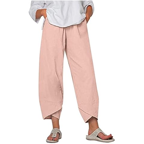 FULKAN Beach Coverups for Women UK Womens Casual Summer Cotton Linen Capris Trousers Elastic High Waist Plus Size Loose Fit Cropped Wide Leg Harem Yoga Beach Pants with Pockets(03-Pink,M) Cover