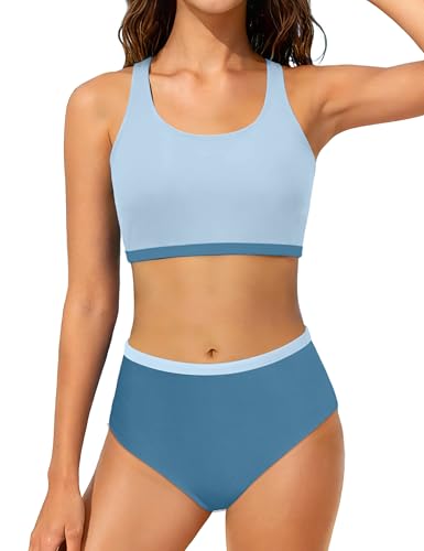 Image of DONWEN Girls Swimsuits V Neck Bikini Set Textured High Waist Girl Two Piece Bathing Suit