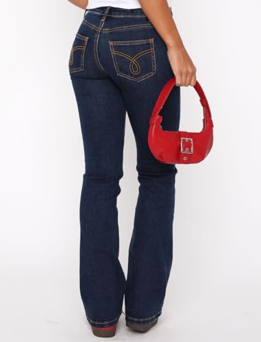 Image of Women's Stretch Low Rise Double Button Elastic Skinny Vintage Flare Jeans