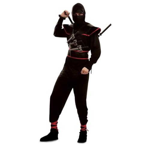 My Other Me - Disfraz Ninja Hombre, talla S, color negro. Incluye verdugo, mascarilla, camiseta, camiseta negra con detalles rojos, cinturón con bandoleras y pantalón negro.¡Sé un auténtico ninja!