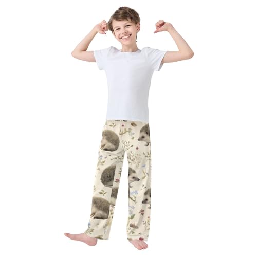 ZZXXB Hedgehog with Leaves Pirnt Boys Long Pants Soft Trousers Elastic Waist Kids Lounge Bottoms with Pockets S-XL3