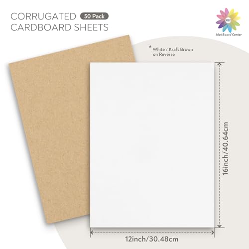 Image of Mat Board Center, 50 Pack 12x16 Inch Corrugated Cardboard Sheets | 2mm Thick White Flat Cardboard Inserts for Mailing, Packing & Shipping, Craft Card Board (White on one side)