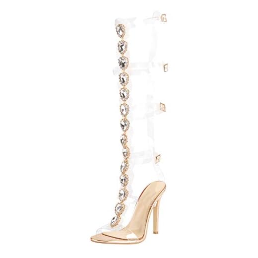 Yolkomo Women's Rhinestone Knee High Jewel Gladiator Gem Clear Stiletto High Heels Strap Up Sandals Gold Size8