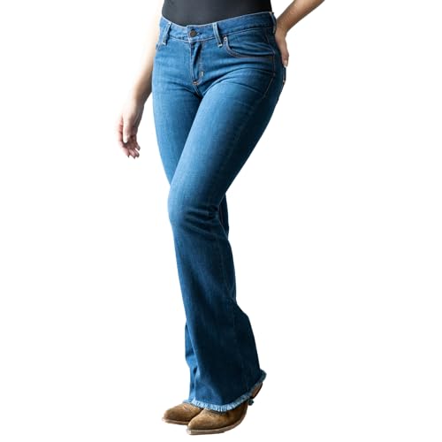 Kimes Ranch Women's Lola Raw Hem Western Mid-Rise Flare Leg Extra-Durable Shape-Saving Tri-Blend Denim Blue Jean Trousers