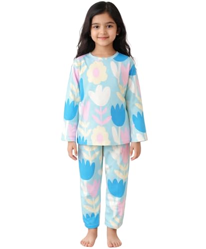 Image of Anthrilo Pajama T-Shirt Set for Girls | Kids Night Suit for Girls | Nightwear | 100% Cotton Pyjama Set Aqua Flower Print Aqua | Long Sleeve T-Shirt and Pajama | Kids Girls Sleepwear | 8-9 Years