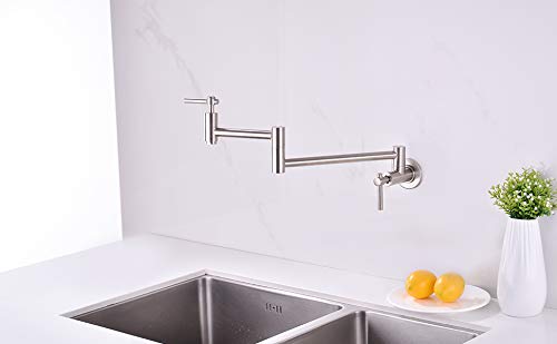 Cakiong Brushed Nickel Pot Filler Faucet Wall Mount, Commercial Kitchen Faucets Brass Folding Stretchable Double Joint Swing Arm Single Hole 2 Handle Kitchen Sink Faucet Lead-Free #TOP6