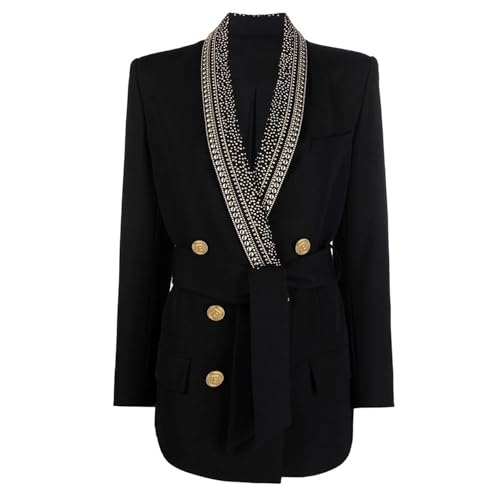 Women's Beads Belt Blazer Mid-Length Shawl Collar Office Jacket Coat Double Breasted Business Suit2